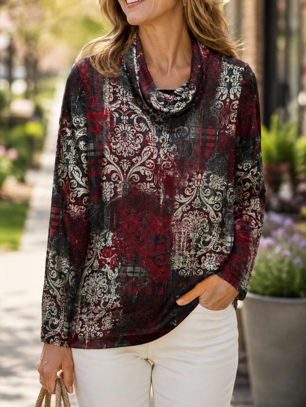 NWT Northern Reflections Burgundy Black White Damask Plaid Cowl Neck Long Sleeve